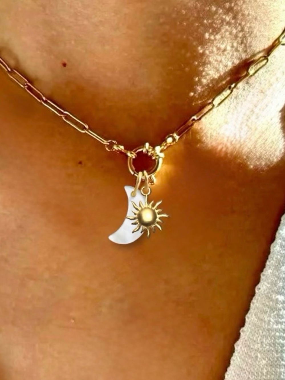 Celestial Paperclip Chain Necklace Mother of Pearl 18k Gold Stainless Steel, 16”